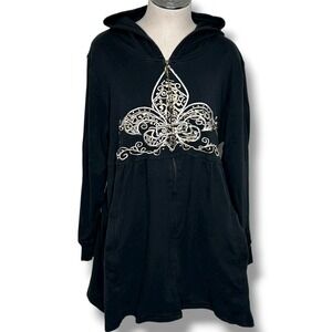 Vintage‎ Midnight Velvet Black Fleur de Lis Embellished Hooded Zip Jacket XL Y2K